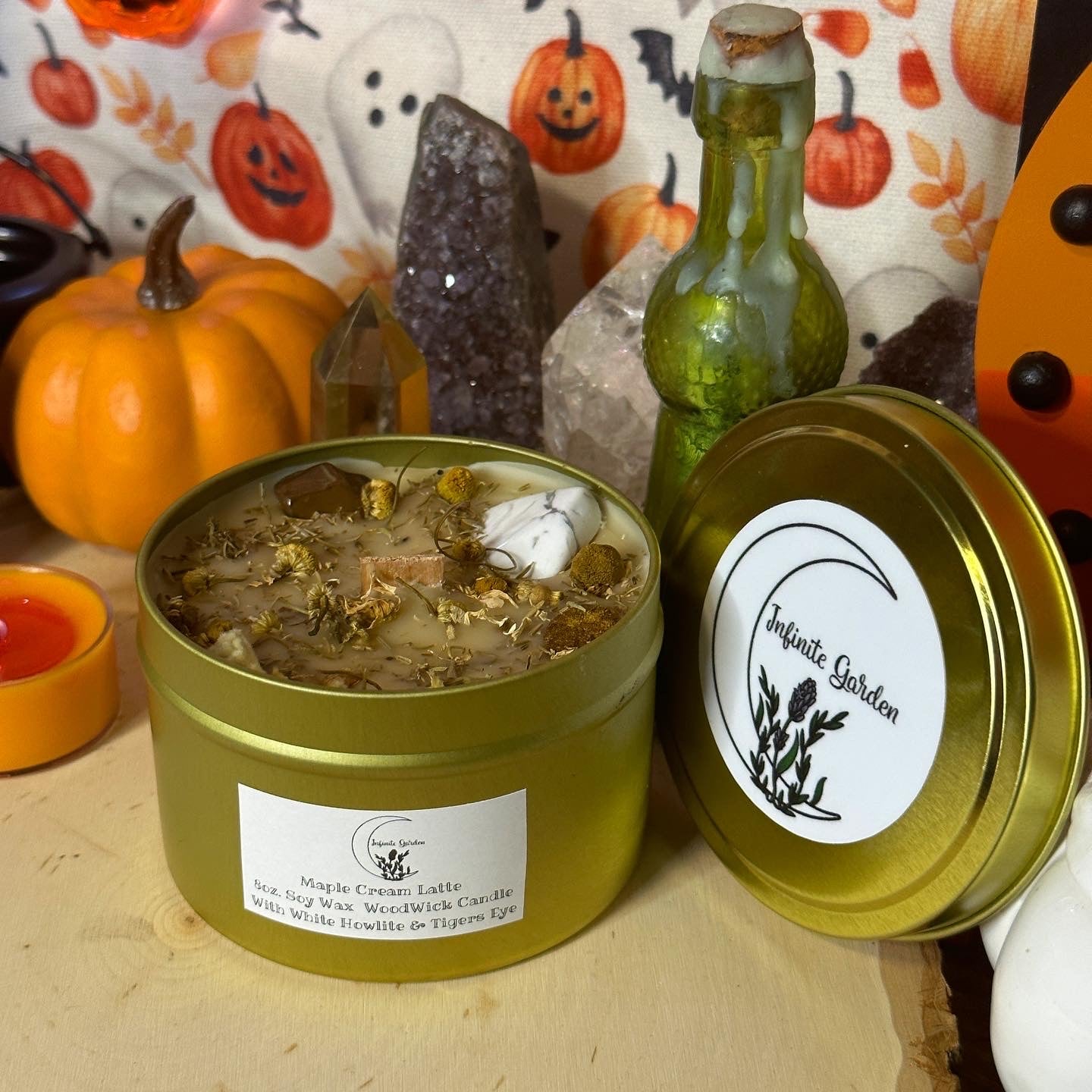 Maple Cream Latte 8oz. Soy WoodWick Candle With White Howlite & Tigers Eye
