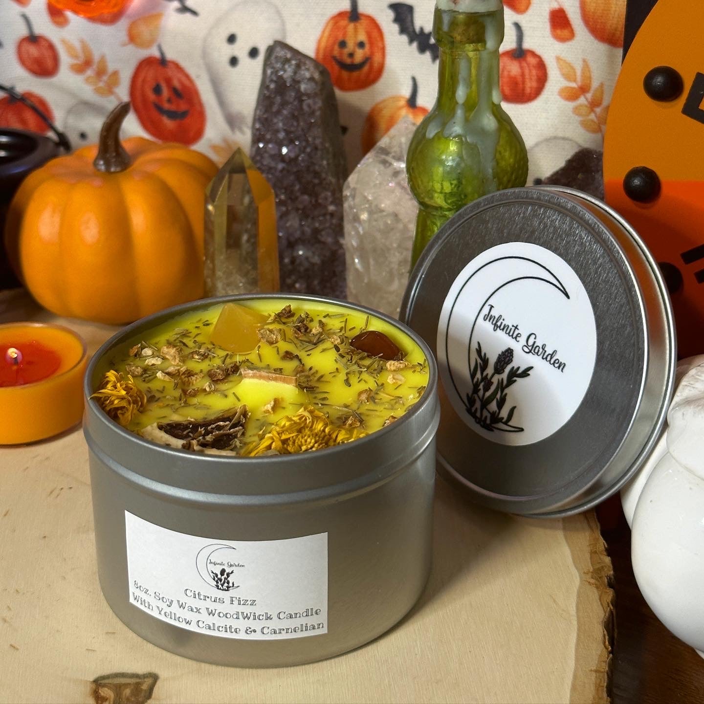 Citrus Fizz 8oz. Soy WoodWick Candle With Yellow Calcite & Carnelian