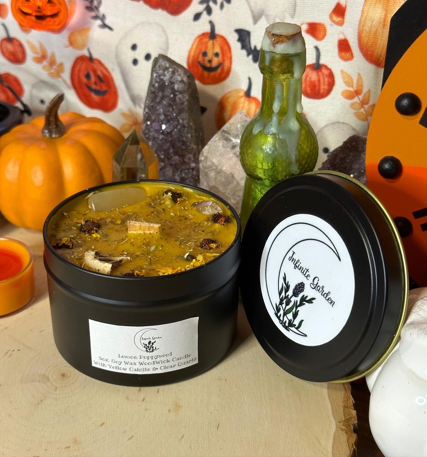Lemon Poppyseed 8oz. Soy WoodWick Candle With Yellow Calcite & Clear Quartz