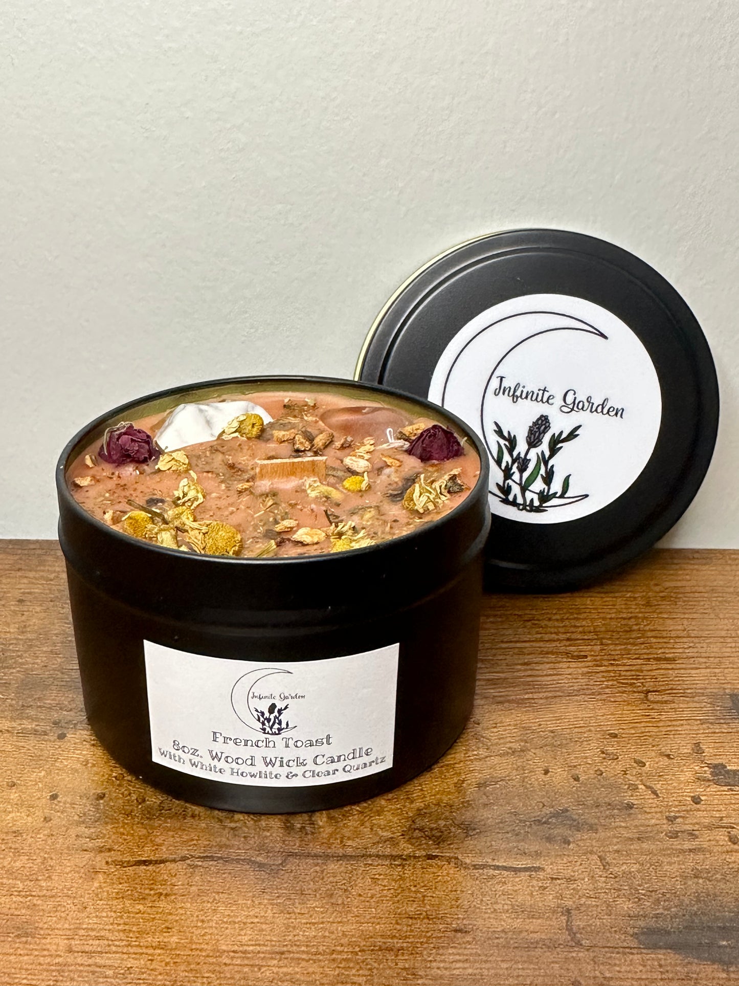French Toast 8oz. Wood Wicks Candle With White Howlite & Clear Quartz