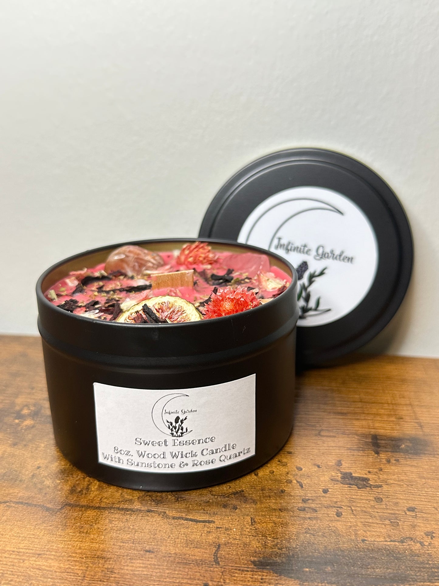 Sweet Essence 8oz. Wood Wicks Candle With Sunstone & Rose Quartz