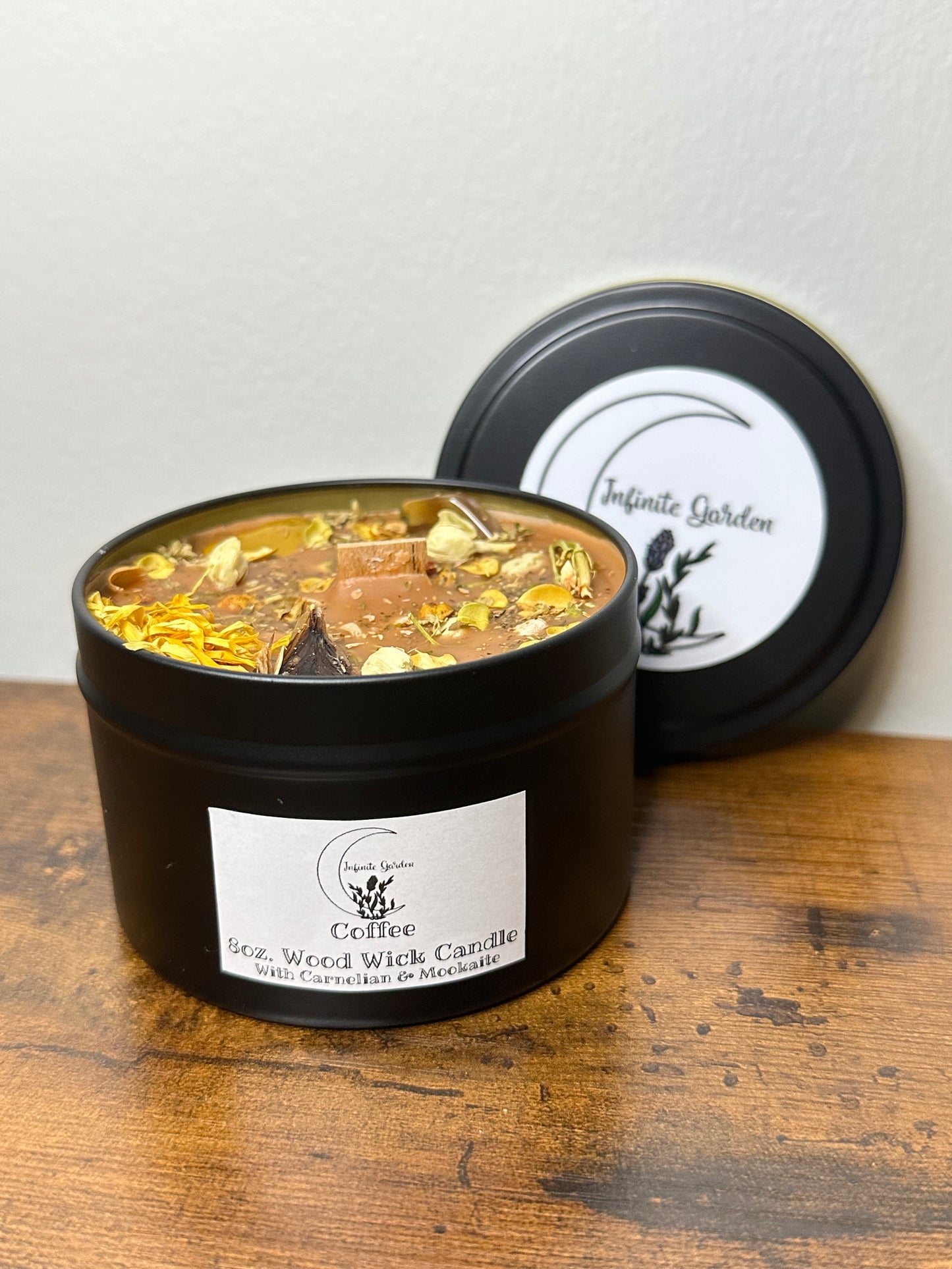 Coffee 8oz. Wood Wicks Candle With Carnelian & Mookaite