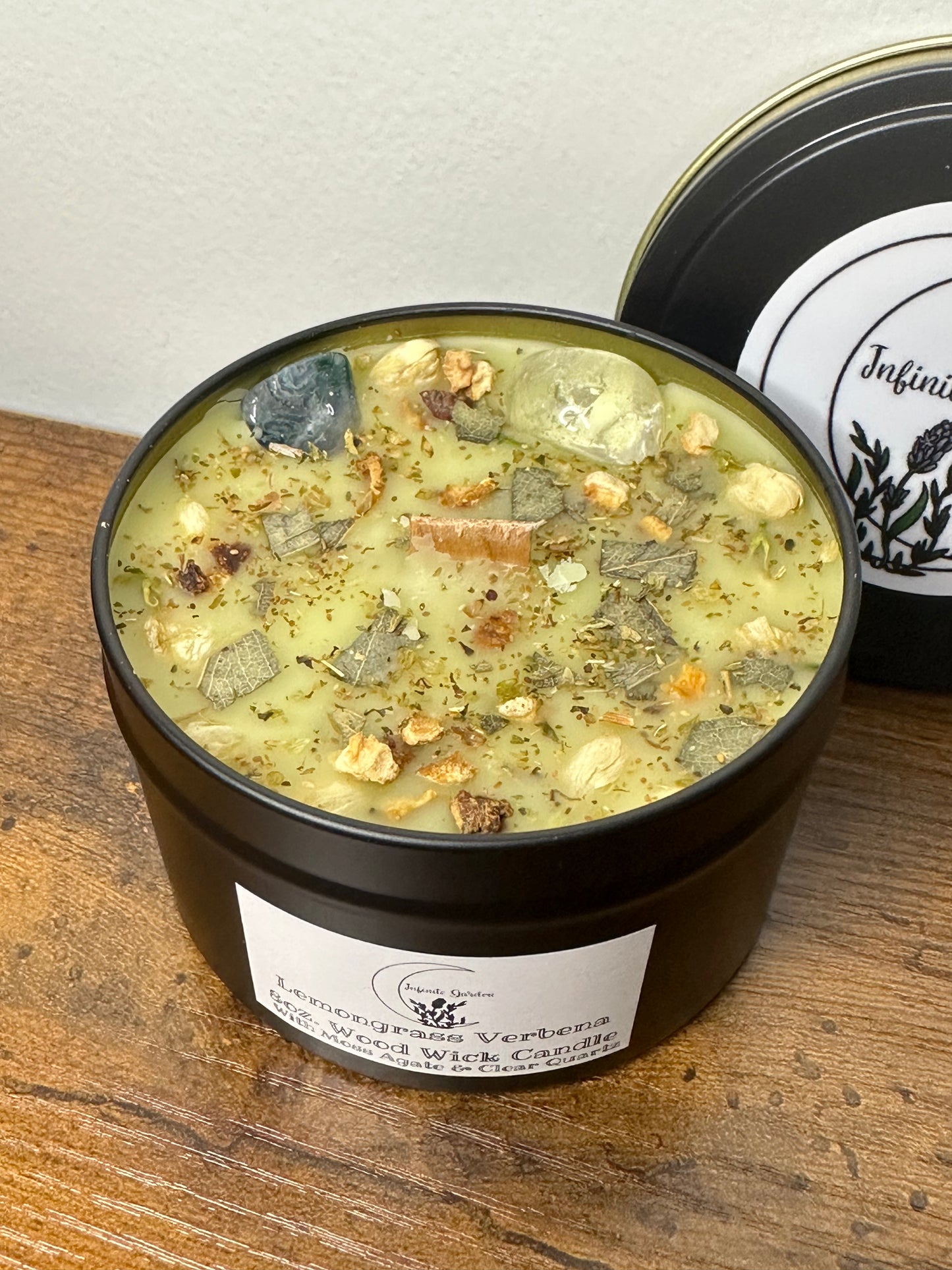 Lemongrass Verbena 8oz. Wood Wicks Candle With Moss Agate & Clear Quartz