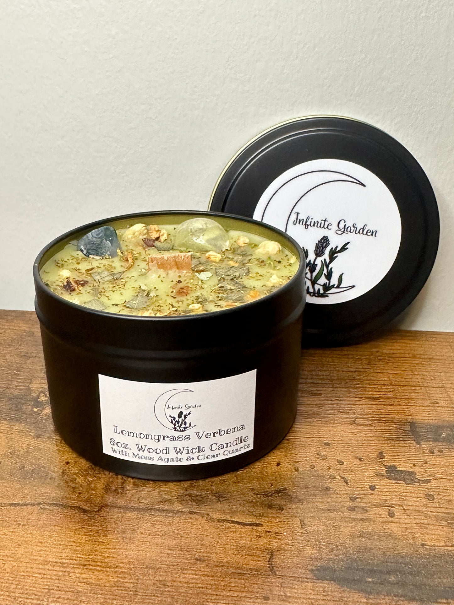 Lemongrass Verbena 8oz. Wood Wicks Candle With Moss Agate & Clear Quartz