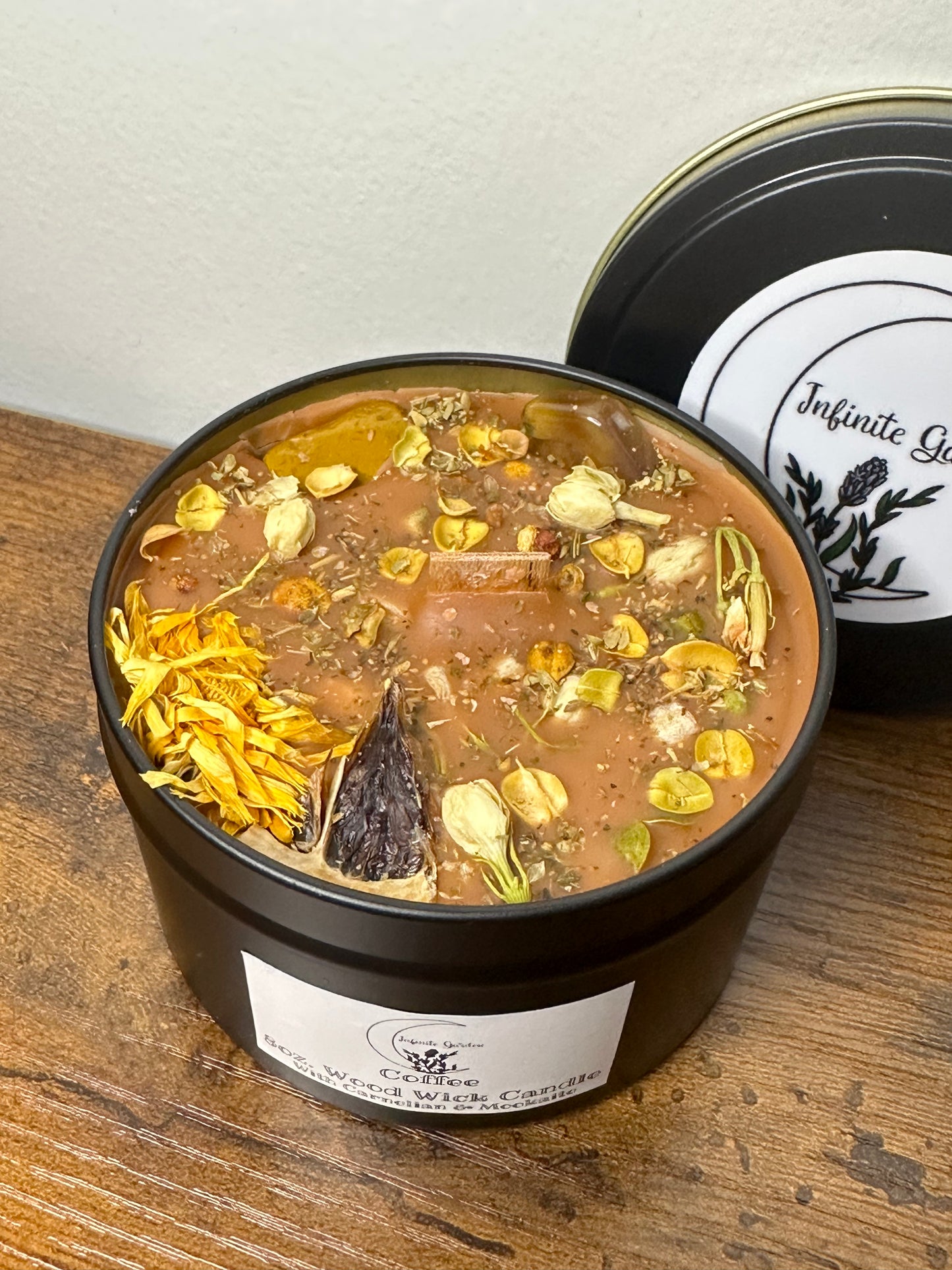 Coffee 8oz. Wood Wicks Candle With Carnelian & Mookaite