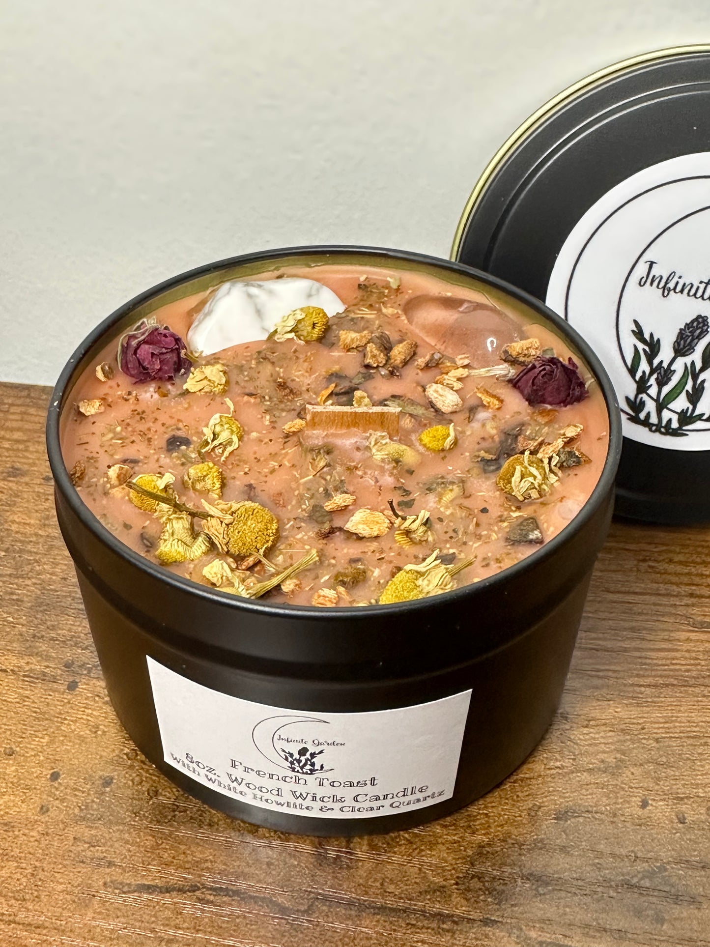 French Toast 8oz. Wood Wicks Candle With White Howlite & Clear Quartz