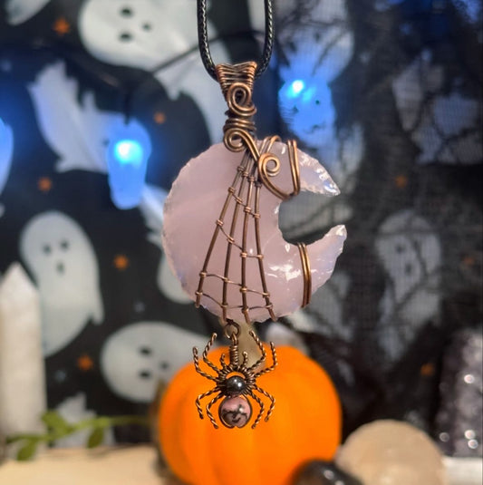 Rose Quartz Moon x Rhodonite Spider Necklace