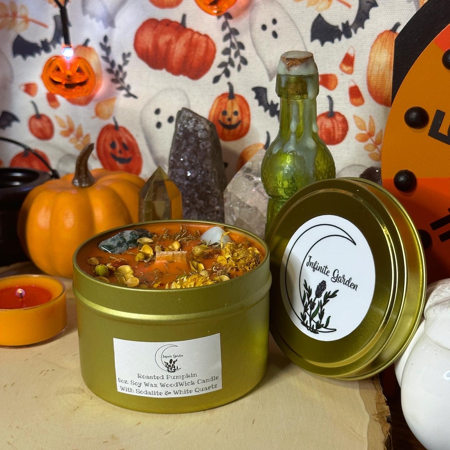 Roasted Pumpkin 8oz. Soy WoodWick Candle With Sodalite & White Quartz